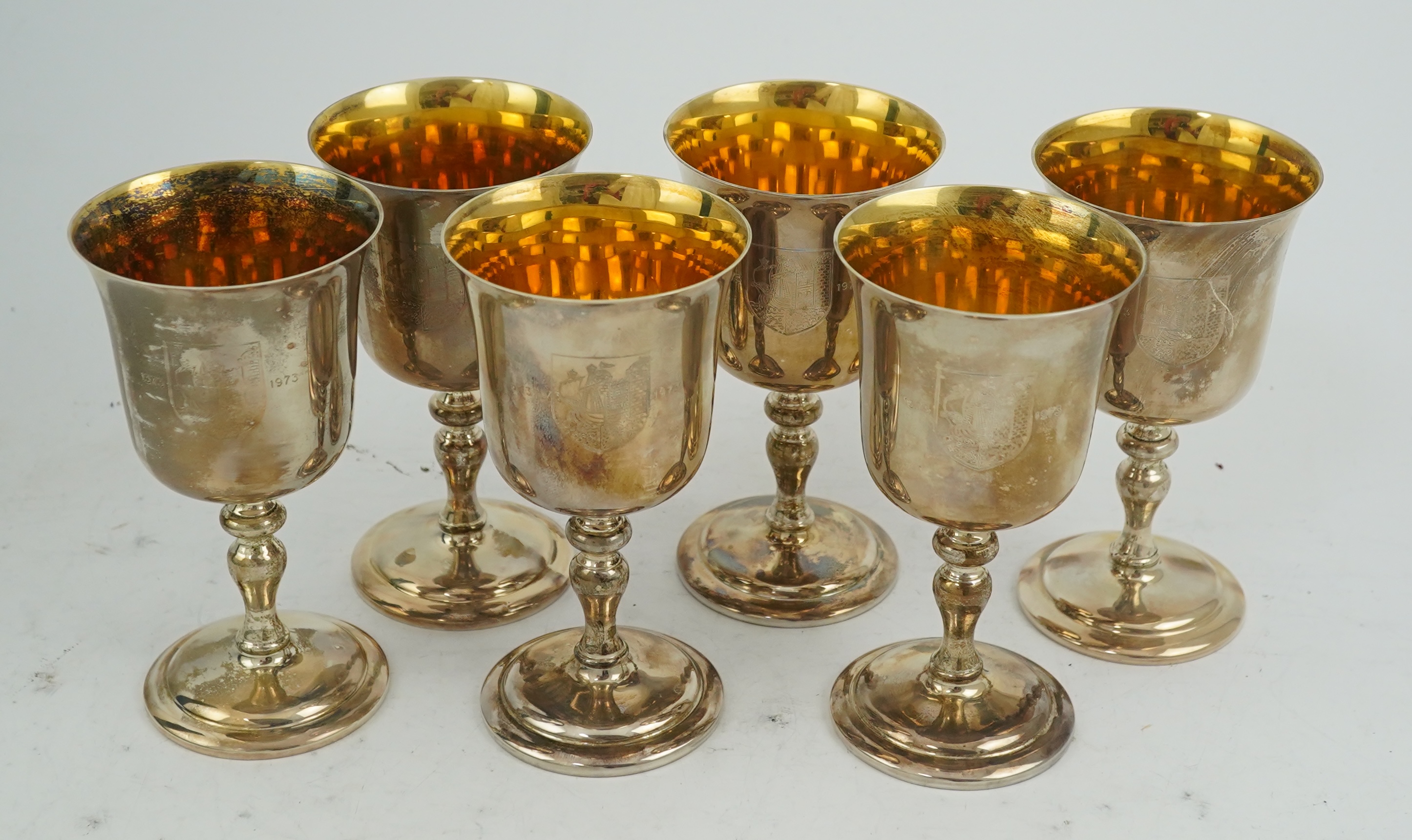 A cased set of six limited edition Elizabeth II silver Bristol Charter 600th Anniversary commemorative goblets by Barker Ellis Silver Co